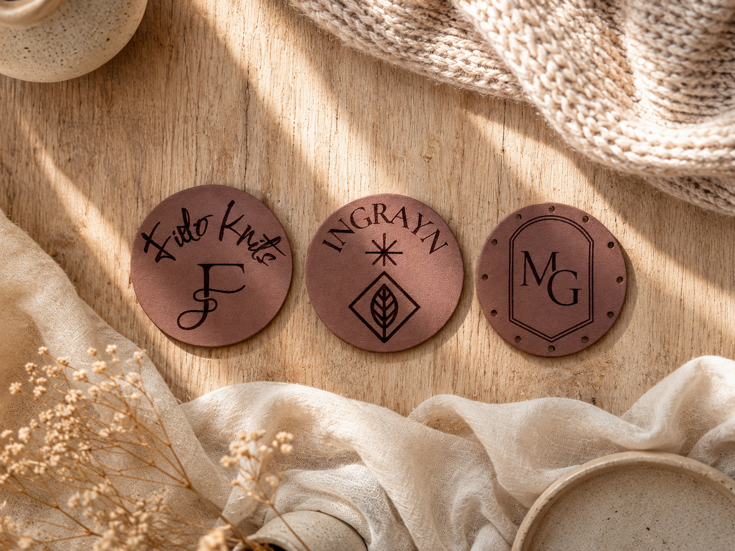 Drie grote ronde leren labels met verschillende ontwerpen