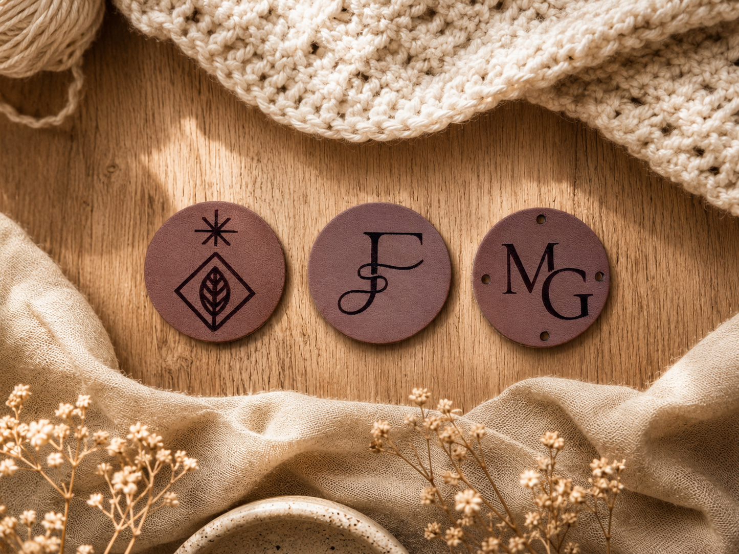 Drie kleine ronde leren labels met verschillende ontwerpen