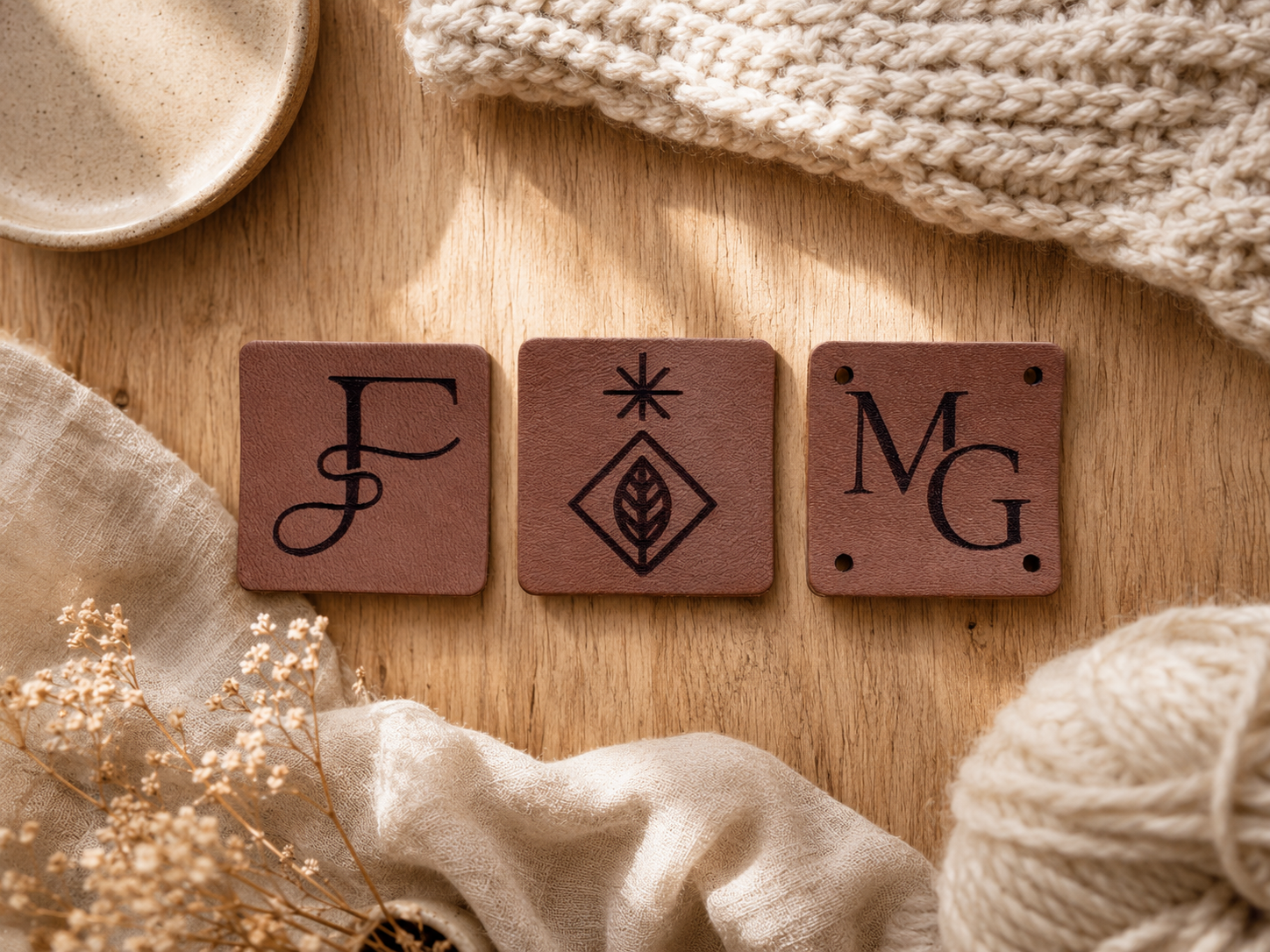 Drie kleine vierkante leren labels met verschillende ontwerpen