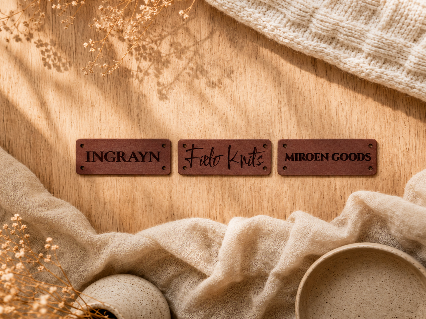 Drie leren rechthoekige labels met verschillende designs