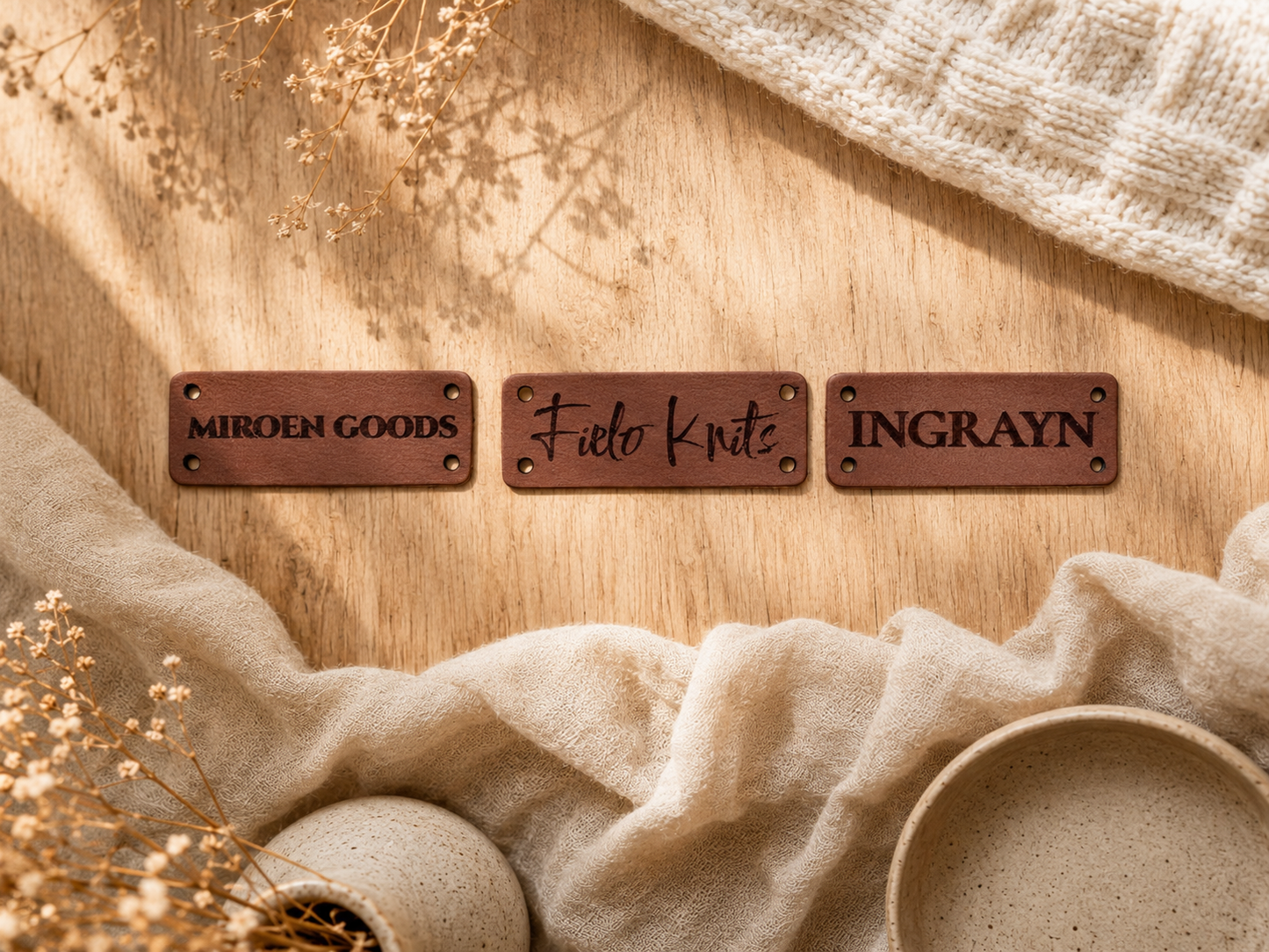 Drie rechthoekige leren labels met verschillende designs