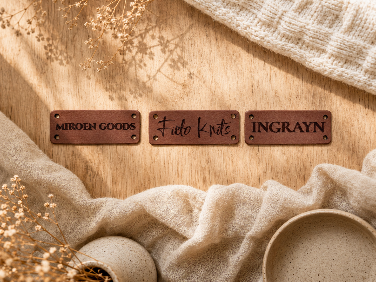 Drie rechthoekige leren labels met verschillende designs
