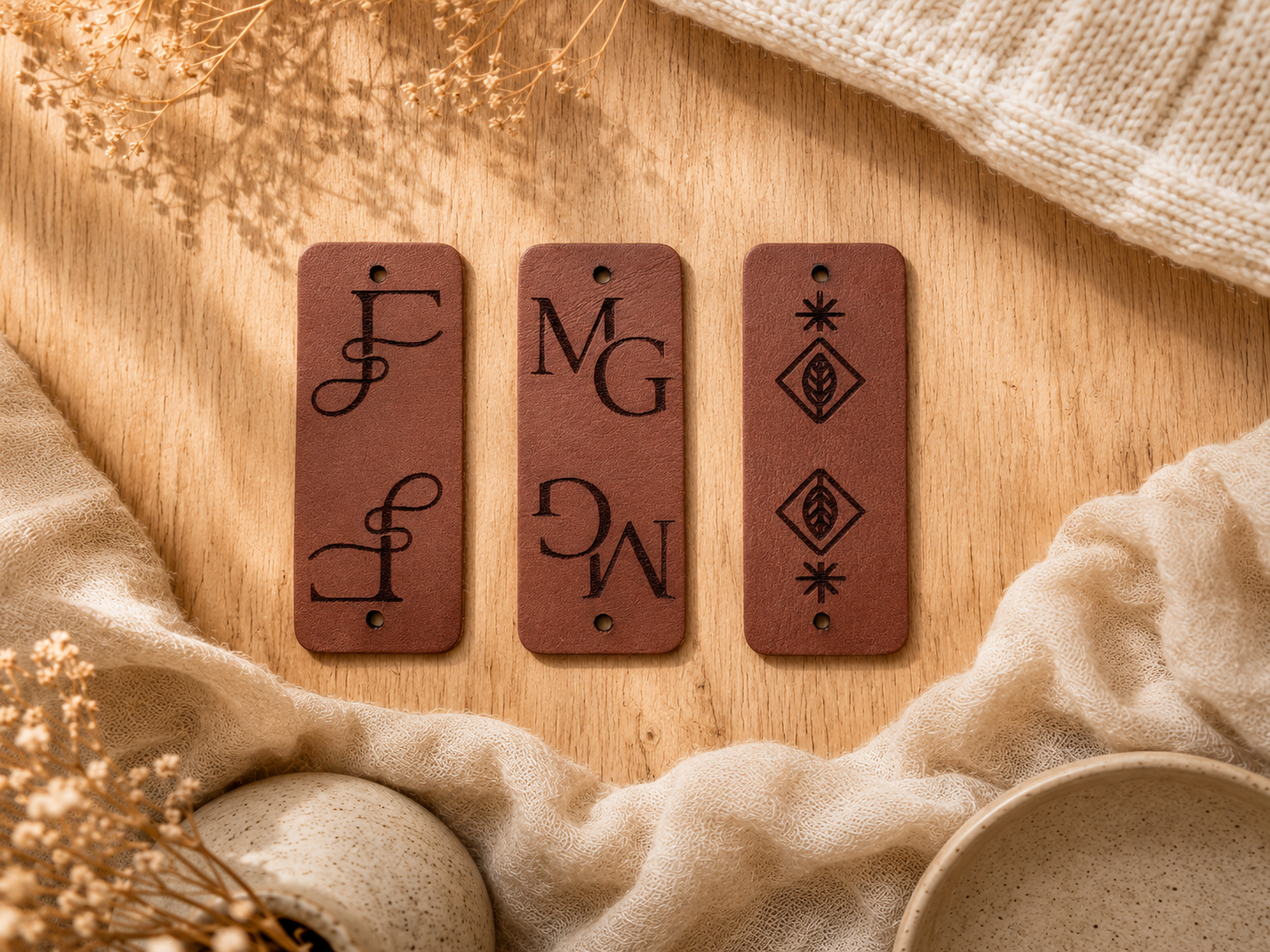 Drie leren vouwlabels met verschillende designs