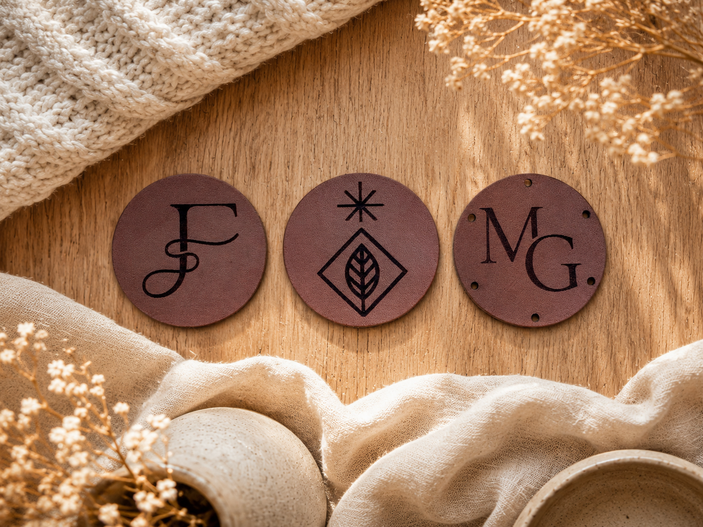 Drie middelgrote ronde leren labels met verschillende ontwerpen