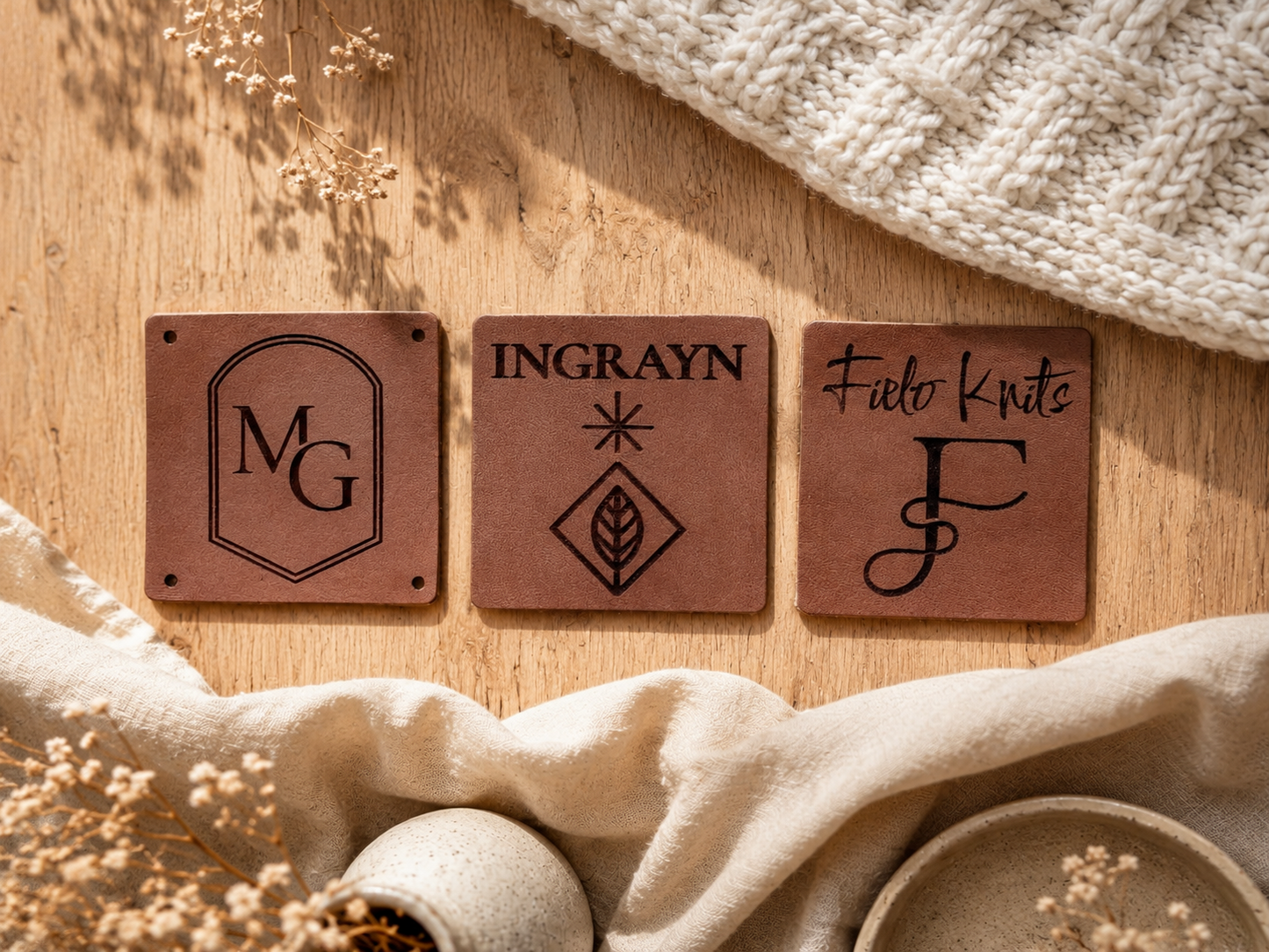 Drie grote vierkante leren labels met verschillende designs